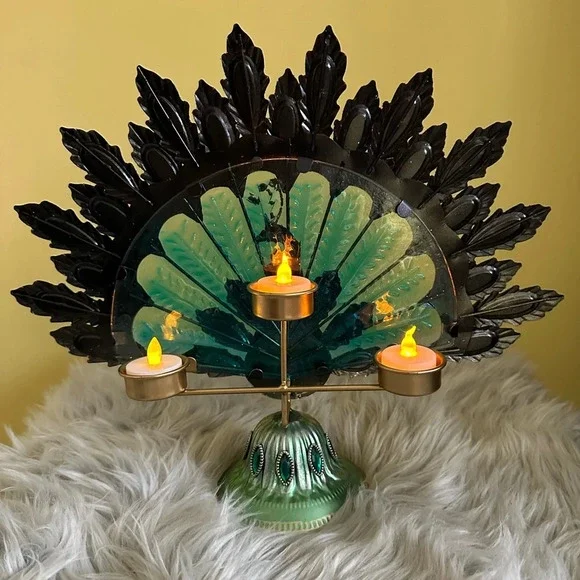 Glass and metal peacock tea light flameless candle holder - Picture 3 of 3